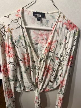 Fifteen Twenty Cream Floral Tie-Front Crop Top with Pink & Green Accents